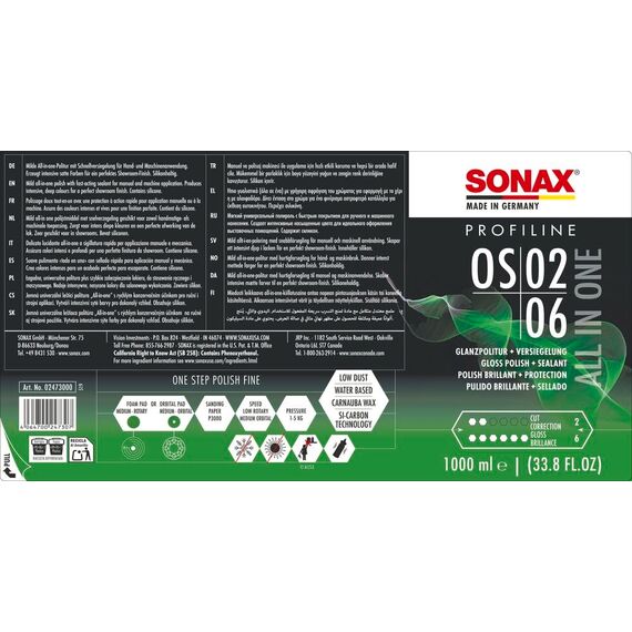 SONAX PROFILINE OS 02-06 (1 Liter) milde All-in-one-Politur mit Schnellversiegelung für Hand- und Maschinenanwendung | Art-Nr. 02473000