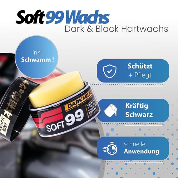 Soft99 Auto Versiegelung Set für dunkle Lacke - Dark & Black Wax Auto Hartwachs, für schwarze/dunkle Autolacke 300 g + Handpolierschwamm Applikator + Mikrofaser Poliertuch 550GSM 40x40cm