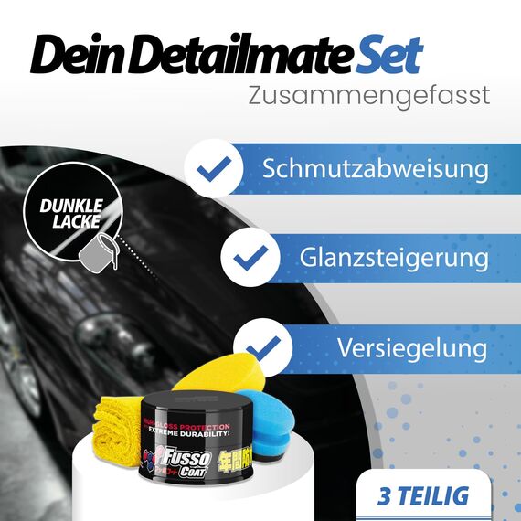 Detailmate Soft99 New Fusso Coat 12 Months Wax Dark Hartwachs Autowachs, Lackversiegelung, 200 gr für dunkle Lacke schwarz + langfloriges Mikrofaser Poliertuch + Polierschwamm