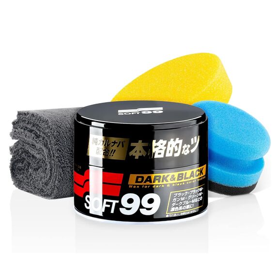 Soft99 Auto Versiegelung Set für dunkle Lacke - Dark & Black Wax Auto Hartwachs, für schwarze/dunkle Autolacke 300 g + Handpolierschwamm Applikator + Mikrofaser Poliertuch 550GSM 40x40cm