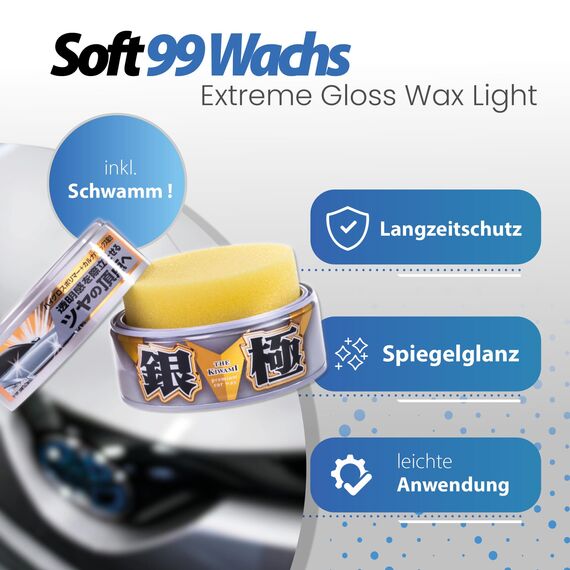 Detailmate Wachs Set: Soft99 Extreme Gloss Wax The Kiwami Light, Carnauba Autowachs Lackversiegelung mit Schwamm, 200g, orange baby Poliertuch ultra flauschiges Mikrofaser Poliertuch 550 GSM