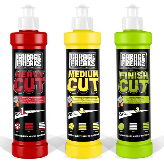 Garage Freaks - Auto-Politur-Komplettsatz: Heavy Cut Schleifpolitur + Medium Cut Hologrammentferner + Finish Hochglanzpolitur 250ml