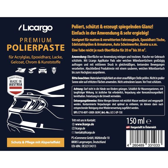 LICARGO Universal Polierpaste (150ml) - Premium Politur für Acrylglas, Epoxidharz, Lack, Gelcoat gfk, Chrom & Kunststoff - Polierpaste Auto entfernt Mikro Kratzer & schützt für spiegelnden Glanz