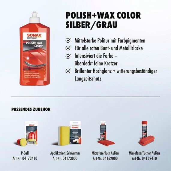 SONAX Polish & Wax Color rot (500 ml) Politur mit Farbpigmenten und Wachsanteilen | Art-Nr. 02964000