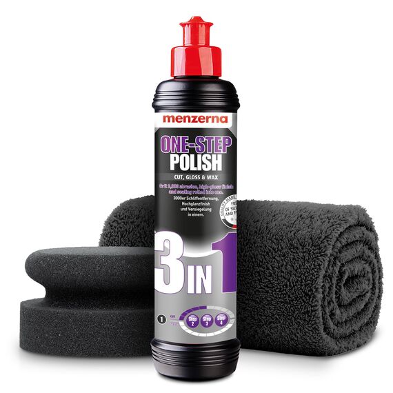detailmate Handpolitur Auto Set - Menzerna Medium Cut Politur One-Step-Polish 3 in 1, 250ml + Made in Germany Polierschwamm + ultraflausch Mikrofaser Poliertuch 550GSM + 1 Schutzhandschuh