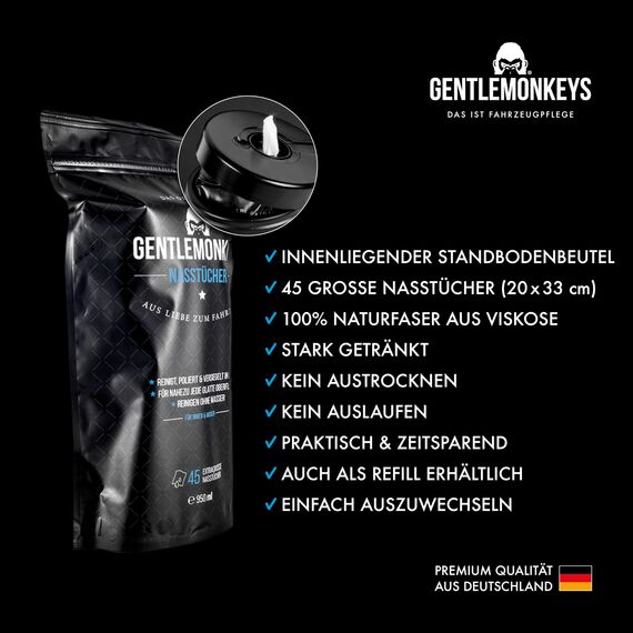 GENTLEMONKEYS Detailer Auto (500ml) + 45er Set Nasstücher • Lackversiegelung Auto, Motorrad & Fahrrad • Inklusive Pflege- & Reinigungstücher für Innen & Außen