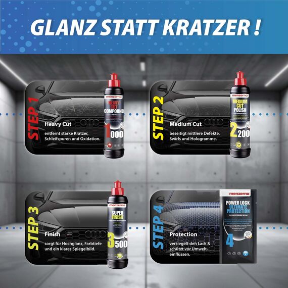 Menzerna Auto Polituren Set: Menzerna Heavy Cut Compound 1000 + Medium Cut Compound 2200 + Super Finish 3500 + Power Lock Ultra Protection Sachet + 4x Mikrofasertuch 40x40cm