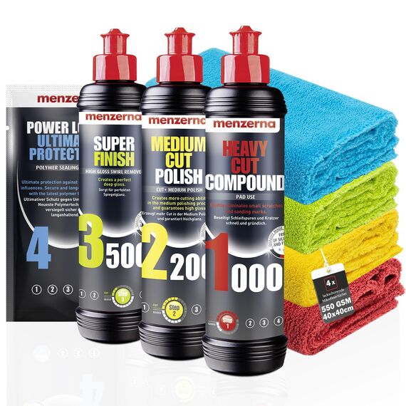 Menzerna Auto Polituren Set: Menzerna Heavy Cut Compound 1000 + Medium Cut Compound 2200 + Super Finish 3500 + Power Lock Ultra Protection Sachet + 4x Mikrofasertuch 40x40cm