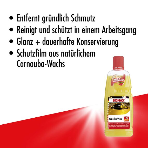 SONAX Wasch+Wax (1 Liter) gründliche Schmutzentfernung und dauerhafter Schutzfilm aus natürlichen Carnauba-Wachs | Art-Nr. 03133410 (Packung mit 2)