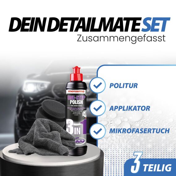detailmate Handpolitur Auto Set - Menzerna Medium Cut Politur One-Step-Polish 3 in 1, 250ml + Made in Germany Polierschwamm + ultraflausch Mikrofaser Poliertuch 550GSM + 1 Schutzhandschuh