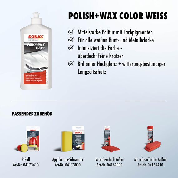 SONAX Polish+Wax Color weiß (500 ml) Politur mit weißen Farbpigmenten und Wachsanteilen | Art-Nr. 02960000