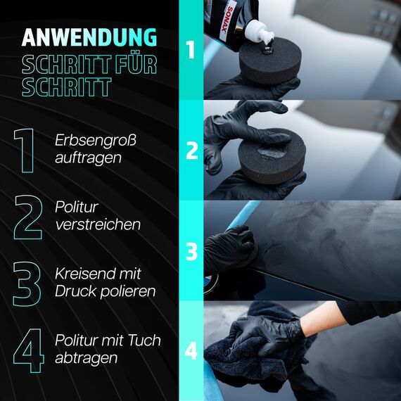 Auto Politur Set | Sonax Polish & Wax Color Schwarz 500ml Autopolitur + Polierschwamm + Poliertuch | Polierpaste für dunkle Metalliclacke zur Entfernung kleiner Kratzer | Polierset