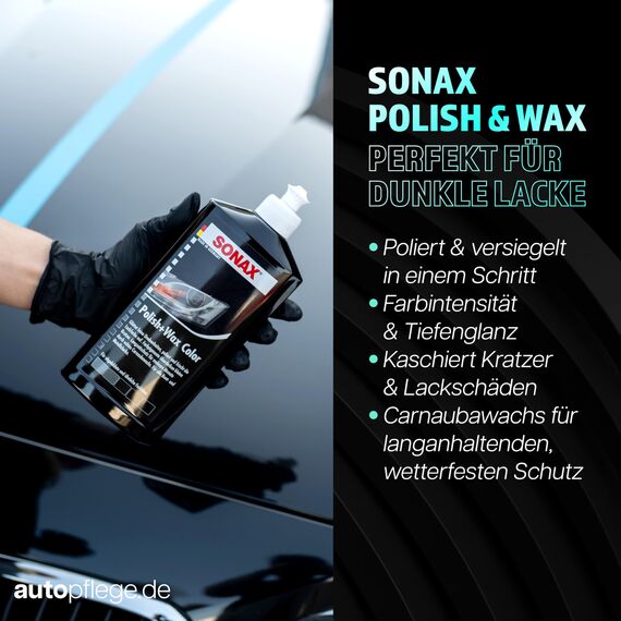 Auto Politur Set | Sonax Polish & Wax Color Schwarz 500ml Autopolitur + Polierschwamm + Poliertuch | Polierpaste für dunkle Metalliclacke zur Entfernung kleiner Kratzer | Polierset