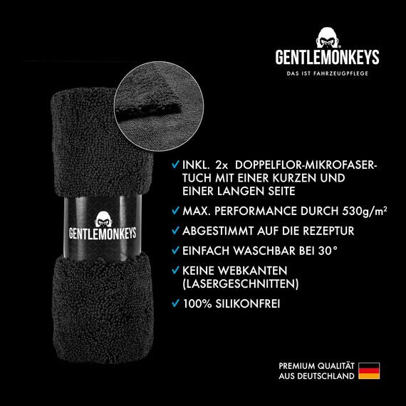 GENTLEMONKEYS Detailer Auto (500ml) + 45er Set Nasstücher • Lackversiegelung Auto, Motorrad & Fahrrad • Inklusive Pflege- & Reinigungstücher für Innen & Außen