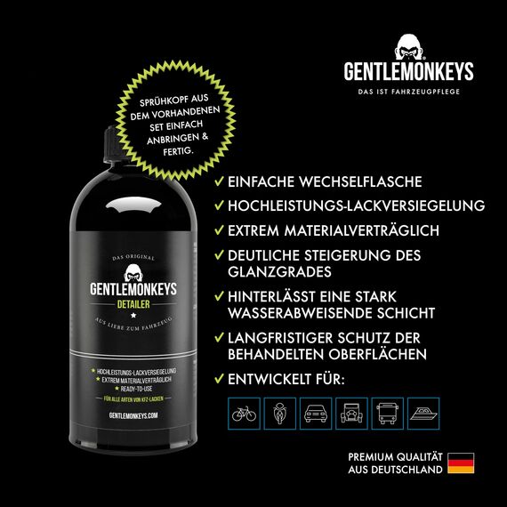 GENTLEMONKEYS Detailer Auto Refill (500ml) • Lackversiegelung Nachfüllflasche • Sprüh-Versiegelung • Sprühversiegelung für Glanz & Schutz • Made in Germany • Für alle Lacke geeignet