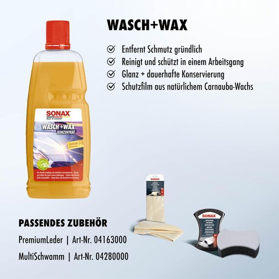 SONAX Wasch+Wax (1 Liter) gründliche Schmutzentfernung und dauerhafter Schutzfilm aus natürlichem Carnauba-Wachs | Art-Nr. 03133410