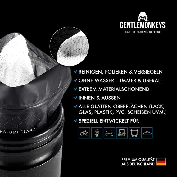 GENTLEMONKEYS Detailer Auto (500ml) + 45er Set Nasstücher • Lackversiegelung Auto, Motorrad & Fahrrad • Inklusive Pflege- & Reinigungstücher für Innen & Außen