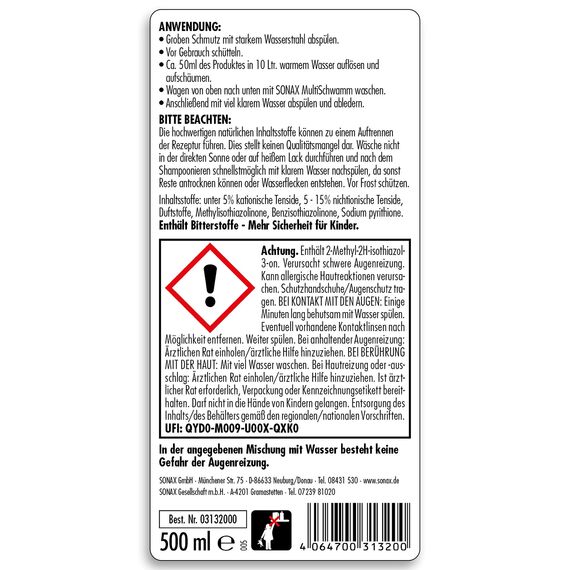 SONAX Wasch & Wax (500 ml) gründliche Schmutzentfernung und dauerhafter Schutzfilm aus natürlichem Carnauba-Wachs | Art-Nr. 03132000