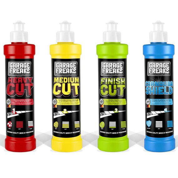 Garage Freaks - Auto Politur Komplett Set: 250ml Heavy Cut Schleifpolitur + Medium Cut Hologrammentferner 250ml + Finish Cut Hochglanzpolitur + Protection Carnauba Shield Wachsversiegelung