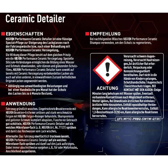 NIGRIN Performance Ceramic Detailer, verstärkt den Effekt der Versiegelung, geeignet für folierte Fahrzeuge und unbehandelte Original-Lacke, 750 ml, rot
