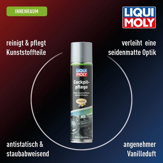 LIQUI MOLY Cockpitspray Cockpitpflege Vanille, Art.-Nr. 1598 I 300 ml Auto Innenraum-Pflege & Reinigung für Kunststoffteile I Regenerierend, auffrischend & antistatisch I Seidenmatte Dashboard Pflege
