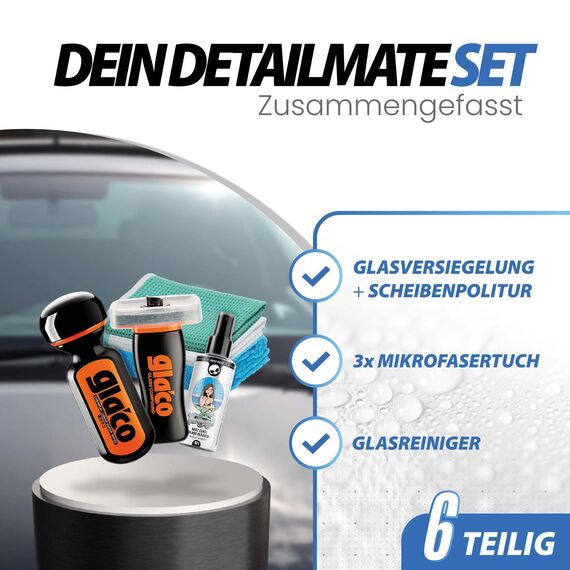 Detailmate Auto Scheiben Politur & Versiegelung Set: Soft99 Ultra Glaco Glasversiegelung 70ml + Glasreiniger + 2x Glas Mikrofasertuch + Poliertuch - Scheibenversieglung Lotuseffekt bis zu 12 Monate