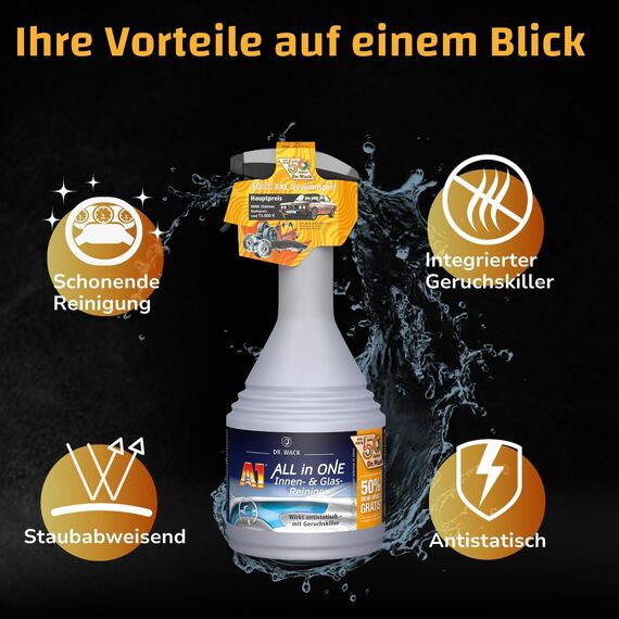 DR. WACK A1 ALL in ONE Innen- & Glasreiniger 750 ml (50% mehr Inhalt gratis) - Limited Edition - Auto Innenraum Reiniger - für Glas, Kunststoff, Polster, Leder & Lacke - Hochwertige Autopflege