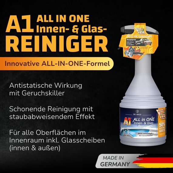 DR. WACK A1 ALL in ONE Innen- & Glasreiniger 750 ml (50% mehr Inhalt gratis) - Limited Edition - Auto Innenraum Reiniger - für Glas, Kunststoff, Polster, Leder & Lacke - Hochwertige Autopflege