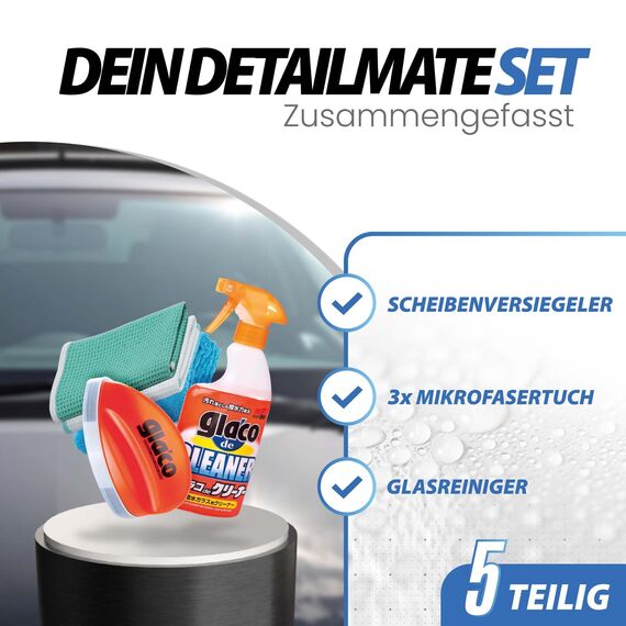 detailmate Autoscheiben Reinigung & Versiegelung Bundle: Soft99 Glaco de Cleaner Glasreiniger 400ml + Soft99 Glaco Q Scheibenversiegelung 75ml + 2x Waffeltuch + detailmate Poliertuch