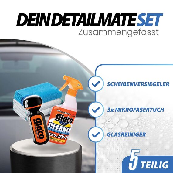 detailmate Autoscheiben Reinigung & Versiegelung Bundle: Soft99 Glaco de Cleaner Glasreiniger 400ml + Soft99 Ultra Glaco Glasversiegelung 70ml + 2x detailmate Waffeltuch + Poliertuch
