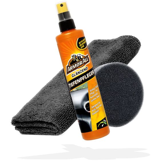 detailmate Auto Cockpitpflege Set: Armor All Kunststoff Tiefenpfleger glänzend 300ml Microfasertuch Premium 320GSM Applikatorpad Ø90mm | Kunststoffpflege Auto Innenraum