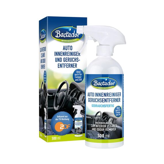 Bactador Auto Innenraum Reiniger Spray 500 ml - Geruchsentferner - Cockpitpflege Auto - Mikrobiologischer Innenraumreiniger Autos - Cockpit Reiniger Autos - Polsterreinger Autositz - Enzymreiniger