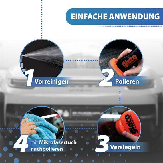 Detailmate Auto Scheiben Politur & Versiegelung Set: SOFT99 Glaco Roll On Large 120 ml + Glasreiniger + 2x Glas Mikrofasertuch + Poliertuch - Scheibenversieglung mit Lotuseffekt bis zu 2 Monate