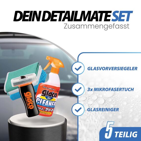 detailmate Auto Scheiben Reinigung & Politur Bundle: Soft99 Glaco de Cleaner Glasreiniger 400ml + Soft99 Glaco Glass Compound Roll On 100ml + 2x detailmate Waffeltuch + Poliertuch