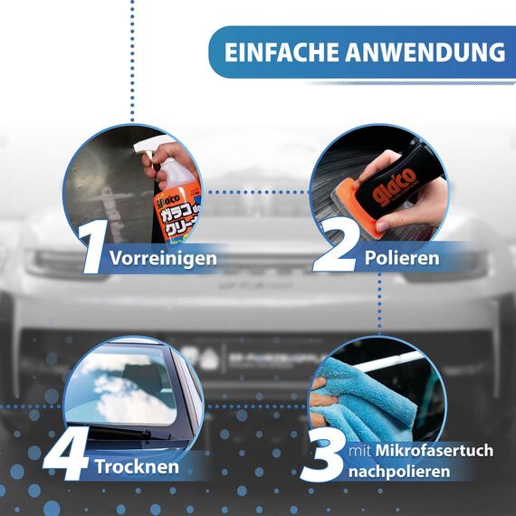detailmate Auto Scheiben Reinigung & Politur Bundle: Soft99 Glaco de Cleaner Glasreiniger 400ml + Soft99 Glaco Glass Compound Roll On 100ml + 2x detailmate Waffeltuch + Poliertuch