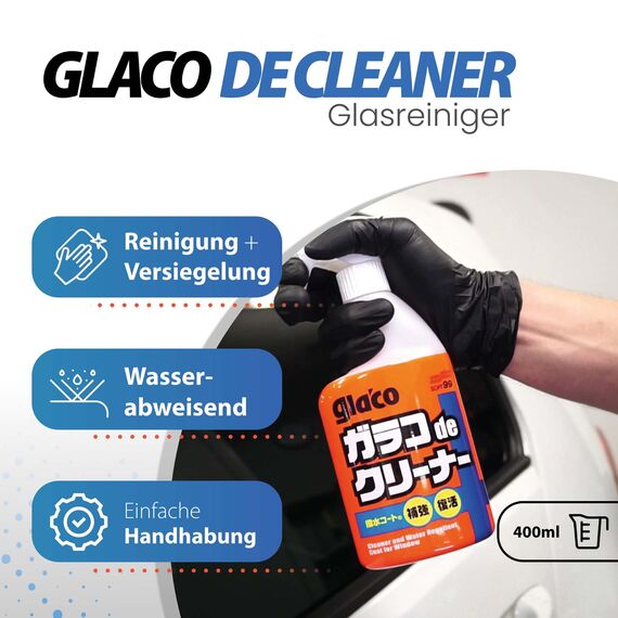 detailmate Auto Scheiben Reinigung & Politur Bundle: Soft99 Glaco de Cleaner Glasreiniger 400ml + Soft99 Glaco Glass Compound Roll On 100ml + 2x detailmate Waffeltuch + Poliertuch