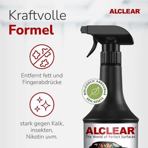 ALCLEAR 721GR Glasreiniger Auto 1000 ml, mit Abperleffekt, für Scheiben innen & außen, Windschutzscheibe, Rückspiegel, Kunststoff, Chrom, streifenfrei, Kindersicherung, Autopflege
