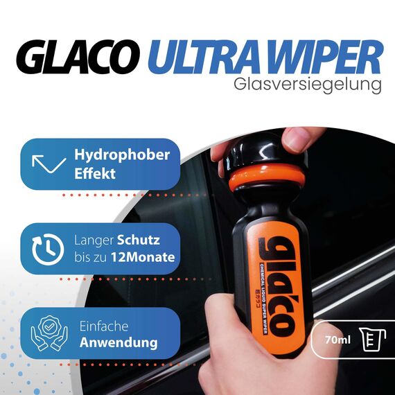 Detailmate Auto Scheiben Politur & Versiegelung Set: Soft99 Ultra Glaco Glasversiegelung 70ml + Glasreiniger + 2x Glas Mikrofasertuch + Poliertuch - Scheibenversieglung Lotuseffekt bis zu 12 Monate