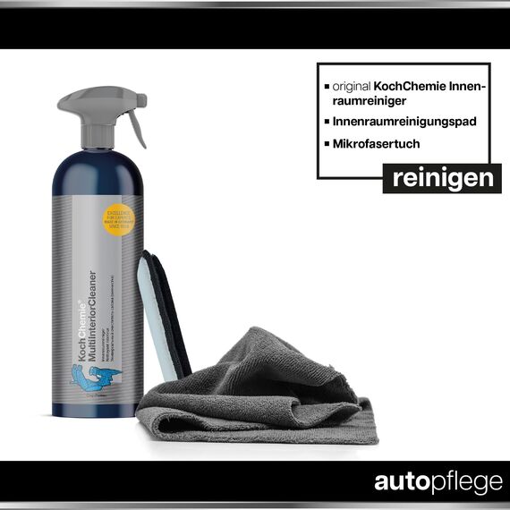 autopflege Auto Reinigungsset Innenraum | Koch Chemie Multi Interior Cleaner 750ml Innenraumreiniger + Mikrofasertuch + Mikrofaser Pad |Effiziente Reinigung von Polster Textil Kunststoff