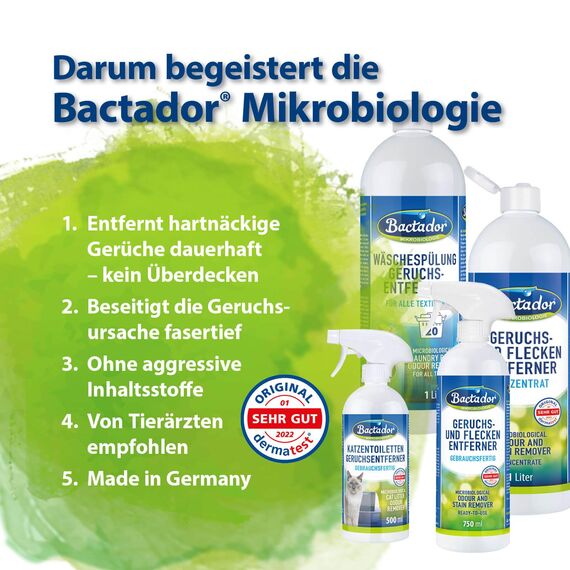 Bactador Enzymreiniger Spray 750ml - Geruchsentferner & Fleckenentferner, Hundeurin & Katzenurin Entferner, Mikrobiologischer Geruchsneutralisierer, Polsterreiniger, Porentiefe Reinigung