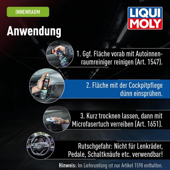 LIQUI MOLY Cockpitspray Cockpitpflege Vanille, Art.-Nr. 1598 I 300 ml Auto Innenraum-Pflege & Reinigung für Kunststoffteile I Regenerierend, auffrischend & antistatisch I Seidenmatte Dashboard Pflege