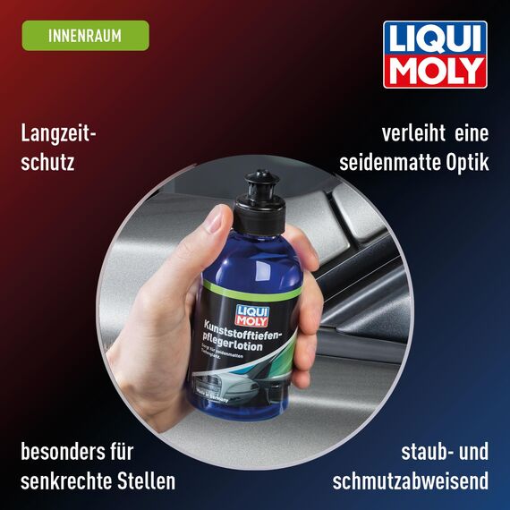 LIQUI MOLY Kunststofftiefenpflegerlotion, Art.-Nr. 1537 I 250 ml dickflüssige Kunststoffpflege für senkrechte Stellen im Auto-Innenraum I Pflegt und frischt Kunststoff auf I Seidenmatter Glanz