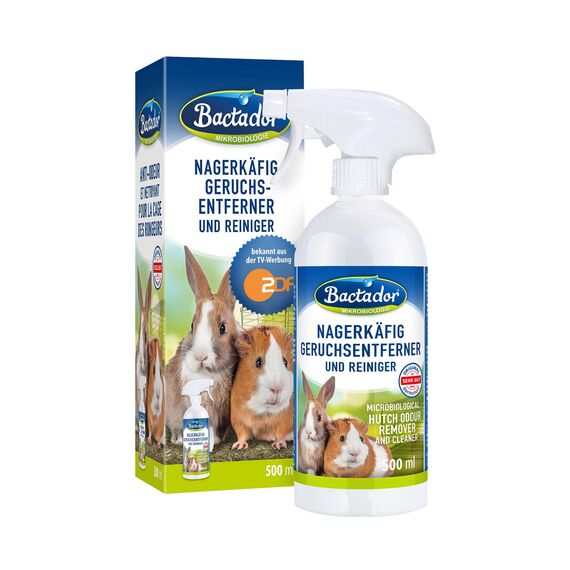 Bactador Enzymreiniger Nagerkäfig Spray 500ml - Geruchsentferner & Reiniger - Gegen Kot, Urin & Tiergerüche - Mikrobiologischer Geruchsneutralisierer - Porentiefe Reinigung in der Nagerumgebung