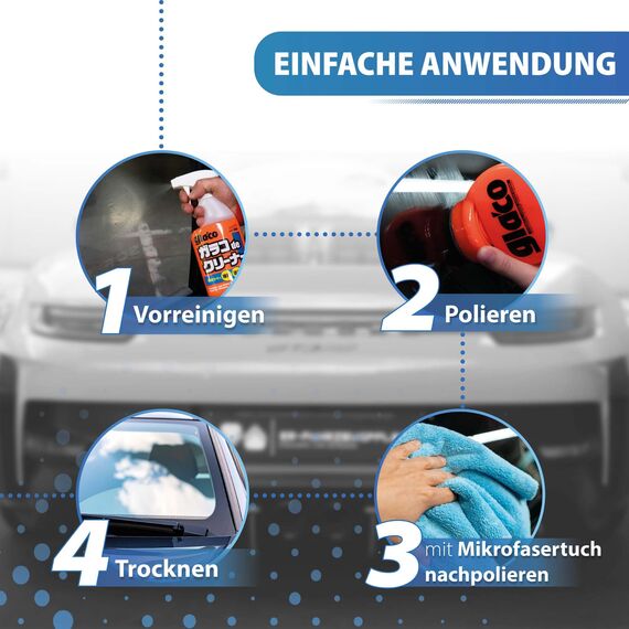 detailmate Auto Scheiben Reinigung & Versiegelung Bundle: Soft99 Glaco de Cleaner Glasreiniger 400ml + Soft99 Glaco Roll On Large 120ml + 2x detailmate Waffeltuch + Poliertuch