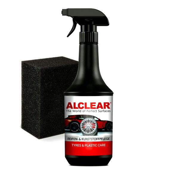 ALCLEAR 721RK Reifenglanz 1000 ml, mit Auftragsschwamm, seidenmatt, UV-Schutz, farbauffrischend,für Reifenflanken, Kunststoff, Türgummi, Gummipflege, Autopflege, Fahrzeugaufbereitung, Auto Detailing