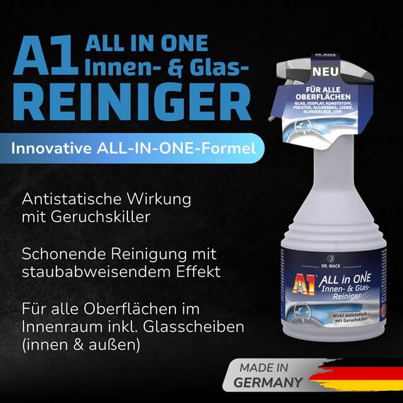 Dr. Wack A1 All in ONE Innen- & Glasreiniger 500 ml - Auto Innenraum Reiniger - für Glas, Kunststoff, Polster, Leder & Lacke geeignet - Geruchsneutralisierer Auto - Hochwertige Autopflege