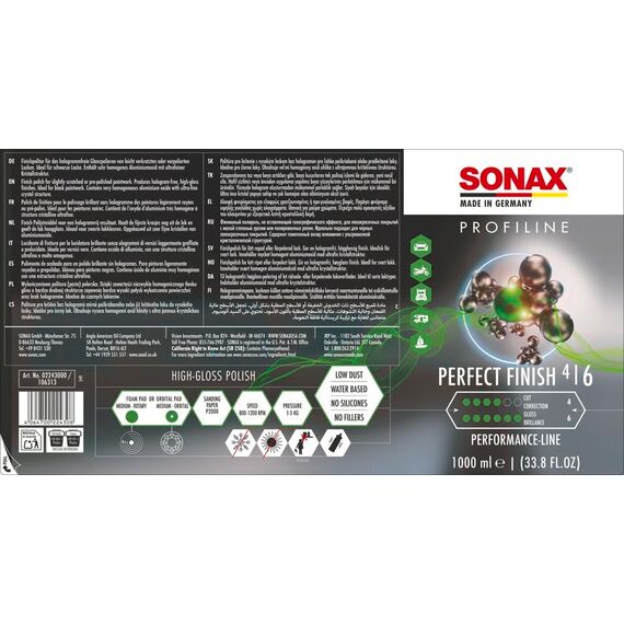 SONAX PROFILINE PerfectFinish (1 Liter) Finishpolitur zum 1-stufigen Polieren von lokal ausgeschliffenen Lackschäden wie Staubeinschlüssen oder Läufern | Art-Nr. 02243000