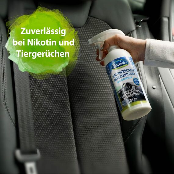 Bactador Auto Innenraum Reiniger Spray 500 ml - Geruchsentferner - Cockpitpflege Auto - Mikrobiologischer Innenraumreiniger Autos - Cockpit Reiniger Autos - Polsterreinger Autositz - Enzymreiniger