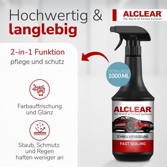 ALCLEAR 711000SV Lackversiegelung Spray – 1000 ml Sprühversiegelung mit Mikrofasertuch für Auto, Motorrad & Caravan – schützt Lack, frischt Glanz auf, wasserabweisend – silikonfrei – Made in Germany