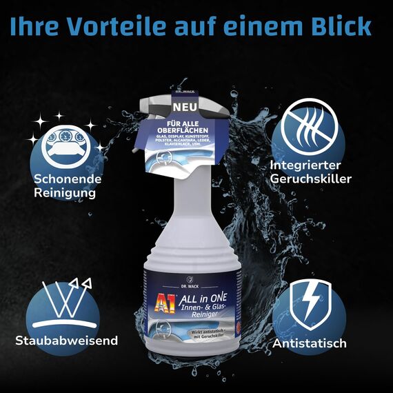 Dr. Wack A1 All in ONE Innen- & Glasreiniger 500 ml - Auto Innenraum Reiniger - für Glas, Kunststoff, Polster, Leder & Lacke geeignet - Geruchsneutralisierer Auto - Hochwertige Autopflege